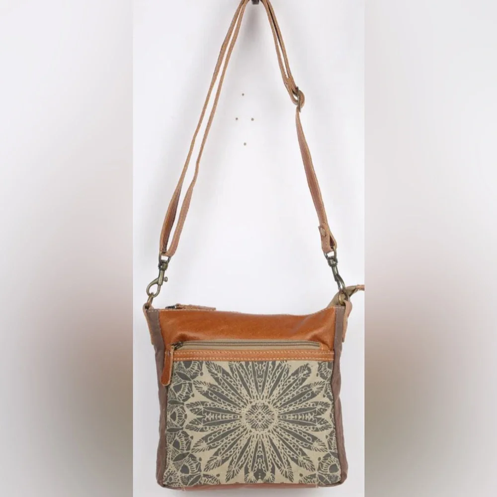 NWT Myra Bag Leather Brown and Tan Patterned w/ Canvas Crossbody Bag - Picture 3 of 9